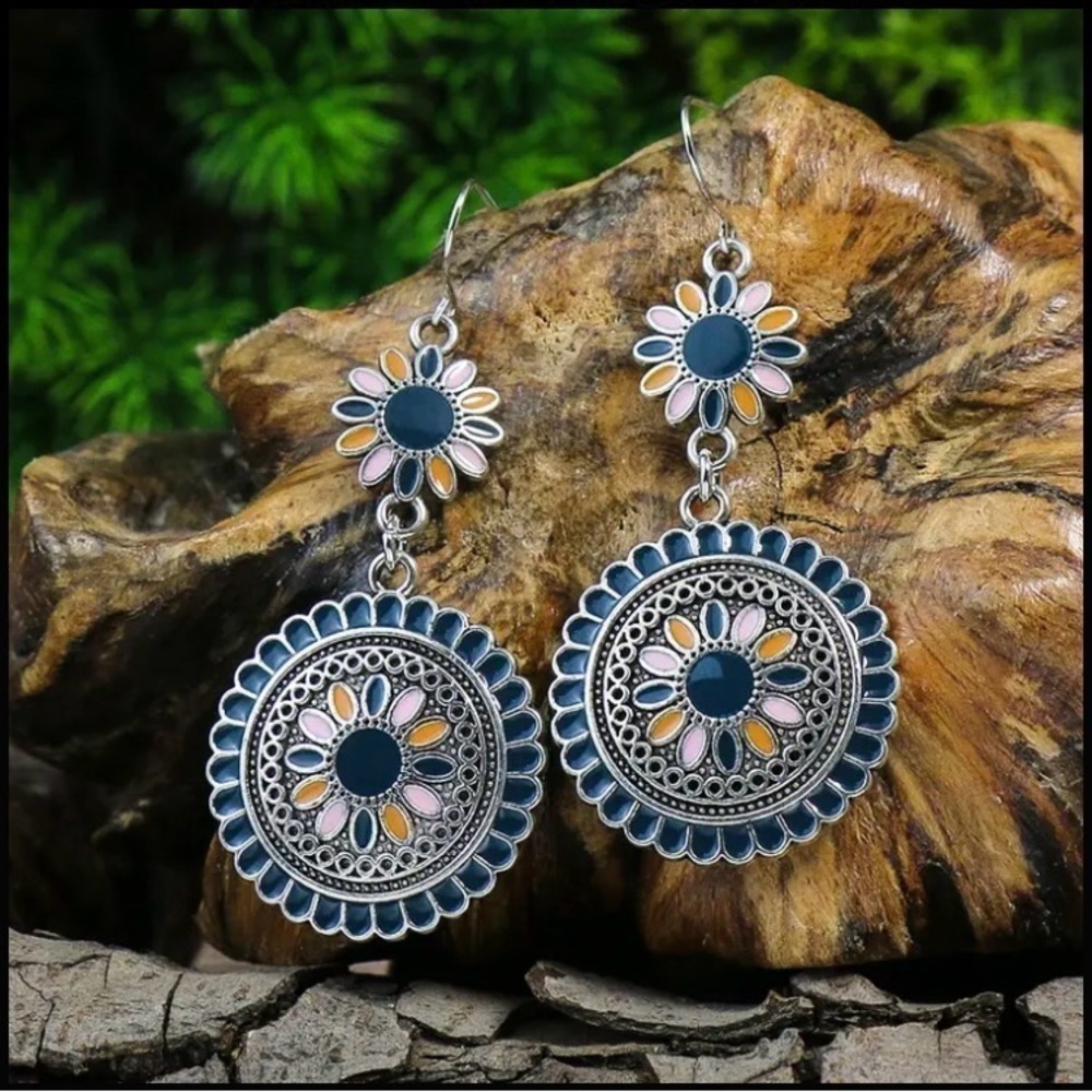 Blue Floral Medallion Earrings - Picture 3 of 3